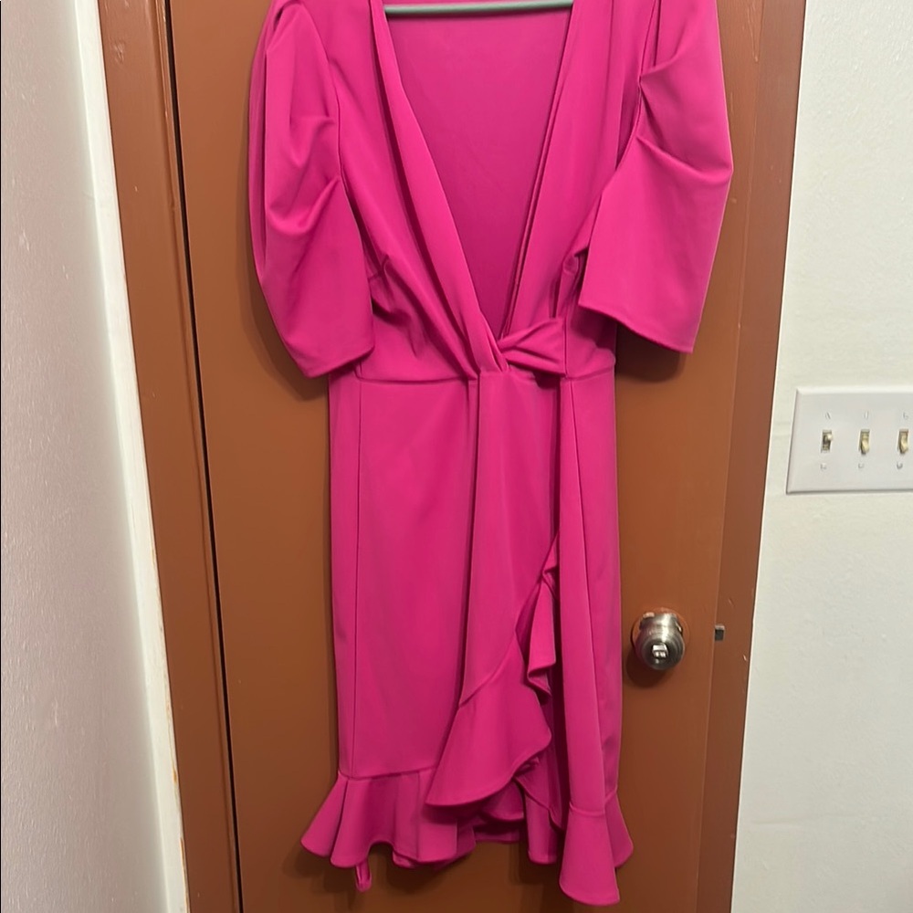 Pink Ruffled Wrap Midi Dress with Puff Sleeves